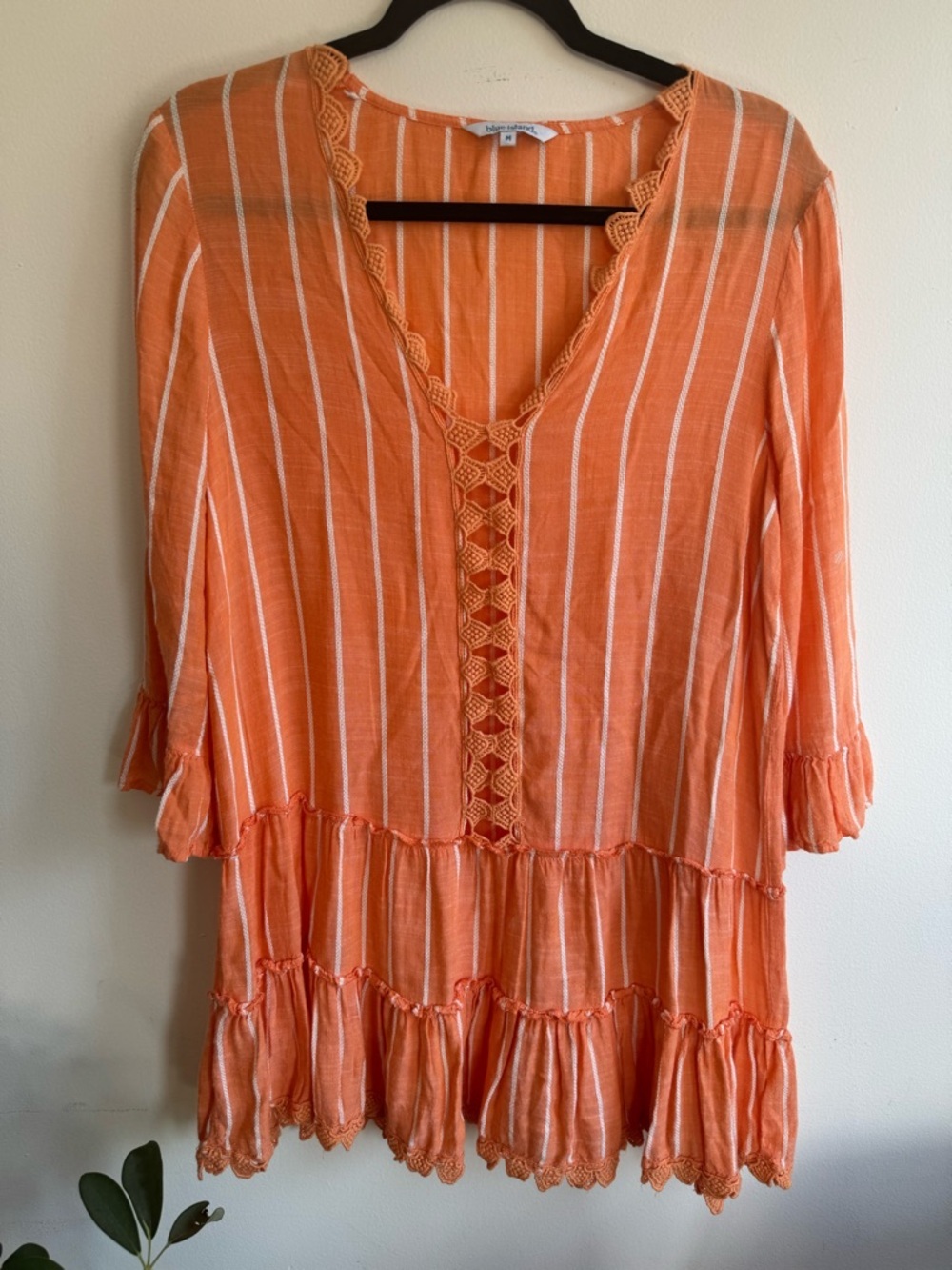 Blue Island Orange Boho Blouse Striped Crochet Lace Peplum Top Size M - Picture 6 of 10